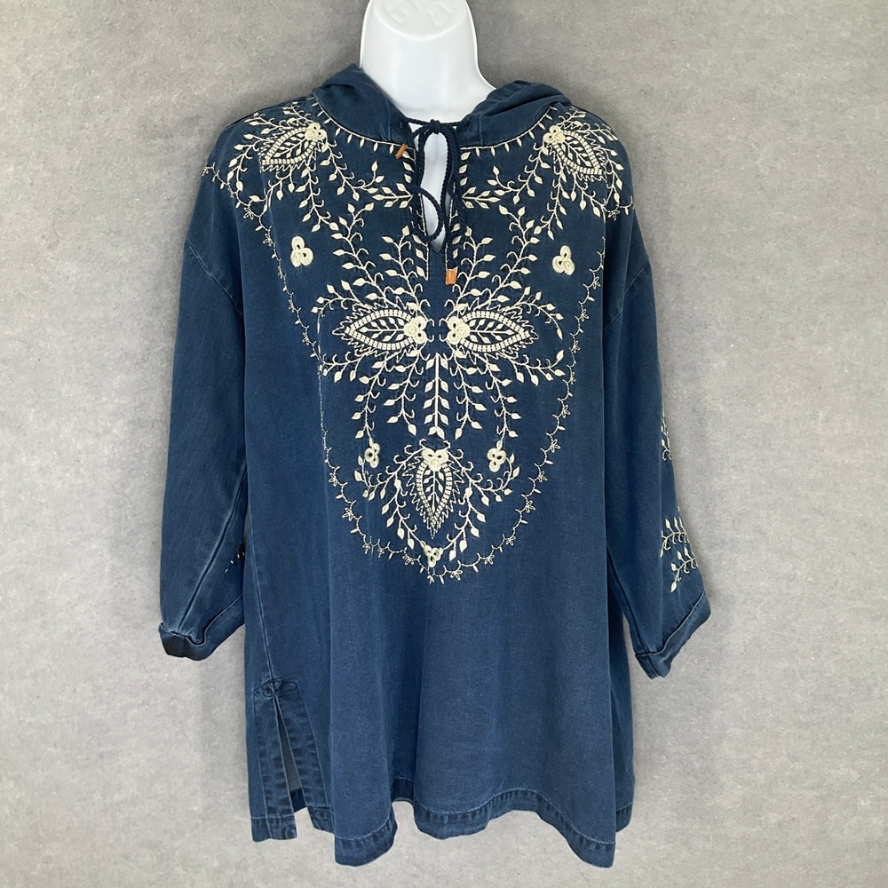 Soft Surroundings Tunic Top Sz M Chambray Hoodie Embroidered Artisan‎ Bohemian